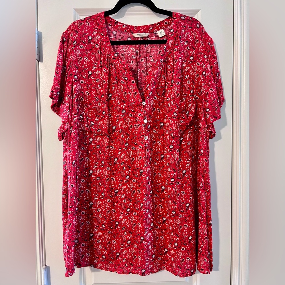 Westbound Red Floral V-Neck Short Sleeve Blouse